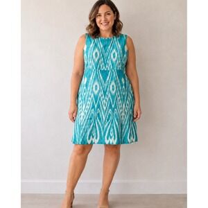 Jules Reid Size 12 Turquoise Southwestern Cotton Knit Shift Dress‎ Coastal Aztec
